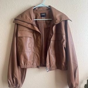 tan cropped faux leather jacket